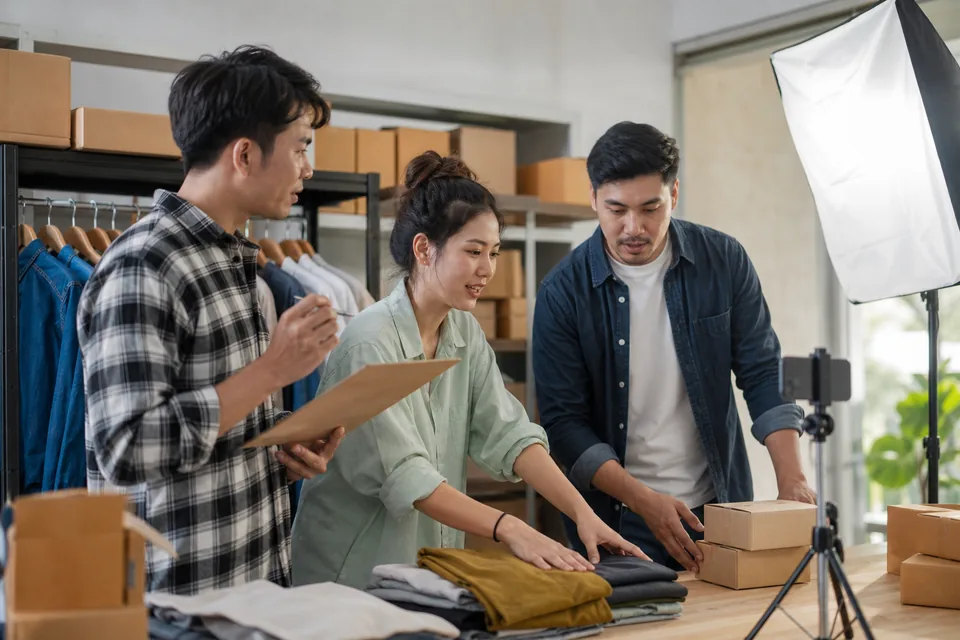 Ecommerce brand team preparing products for a live selling session
