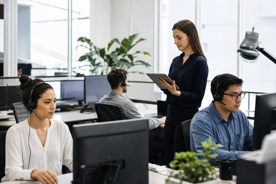 Content moderators on a day shift with a QA lead checking decisions