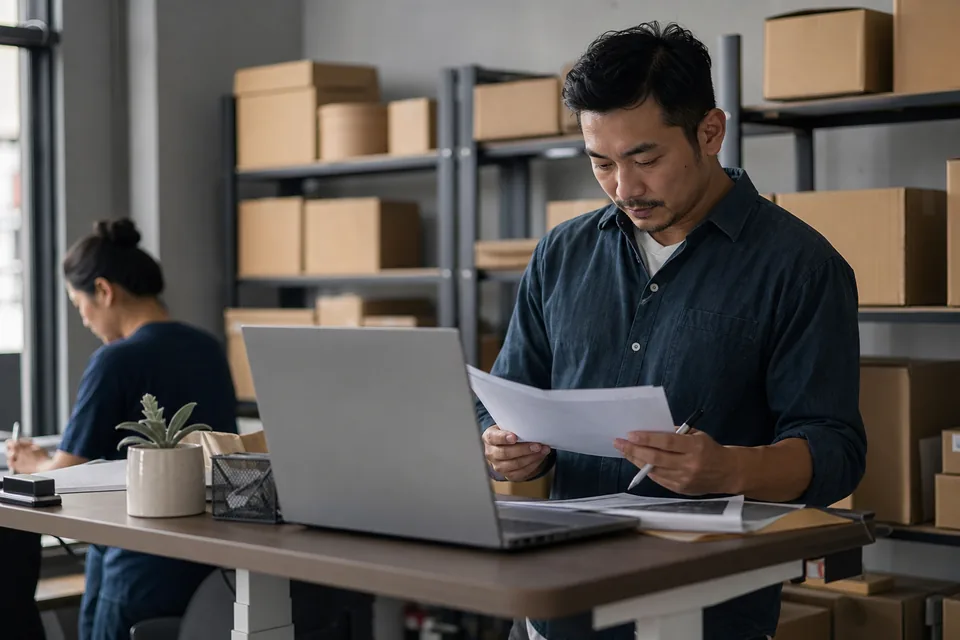 Marketplace operations lead reviewing vendor proposals next to shipping parcels