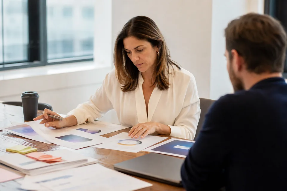 Trust and safety manager comparing moderation software proposals at a table