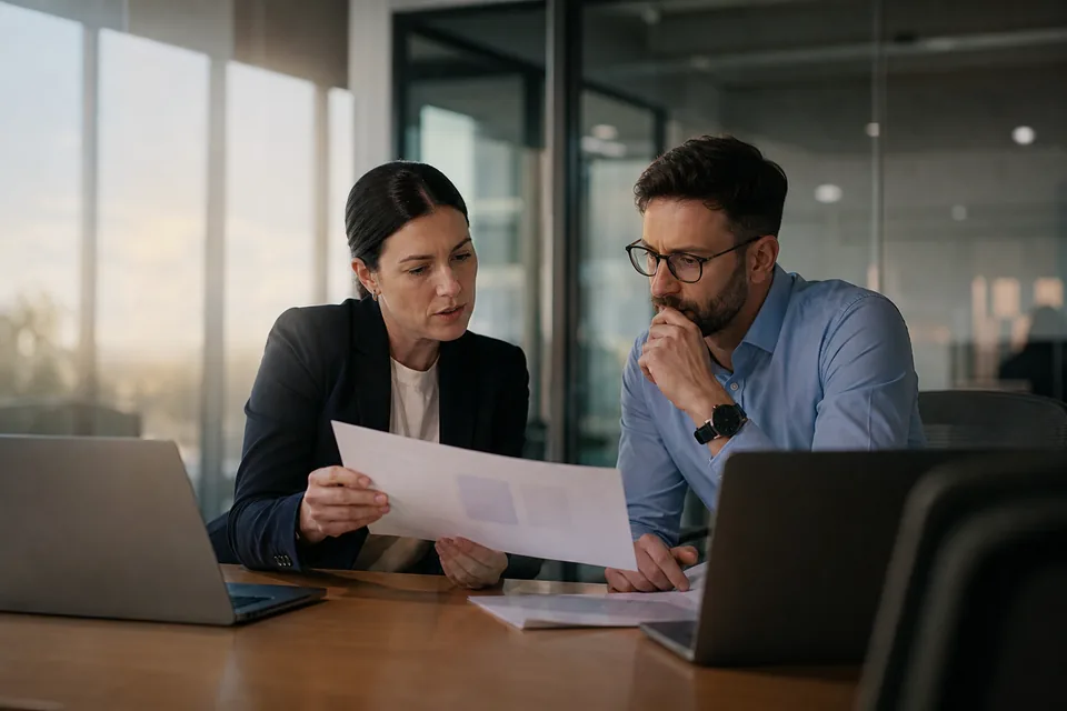 Trust and safety lead and finance manager comparing moderation vendors in a meeting room