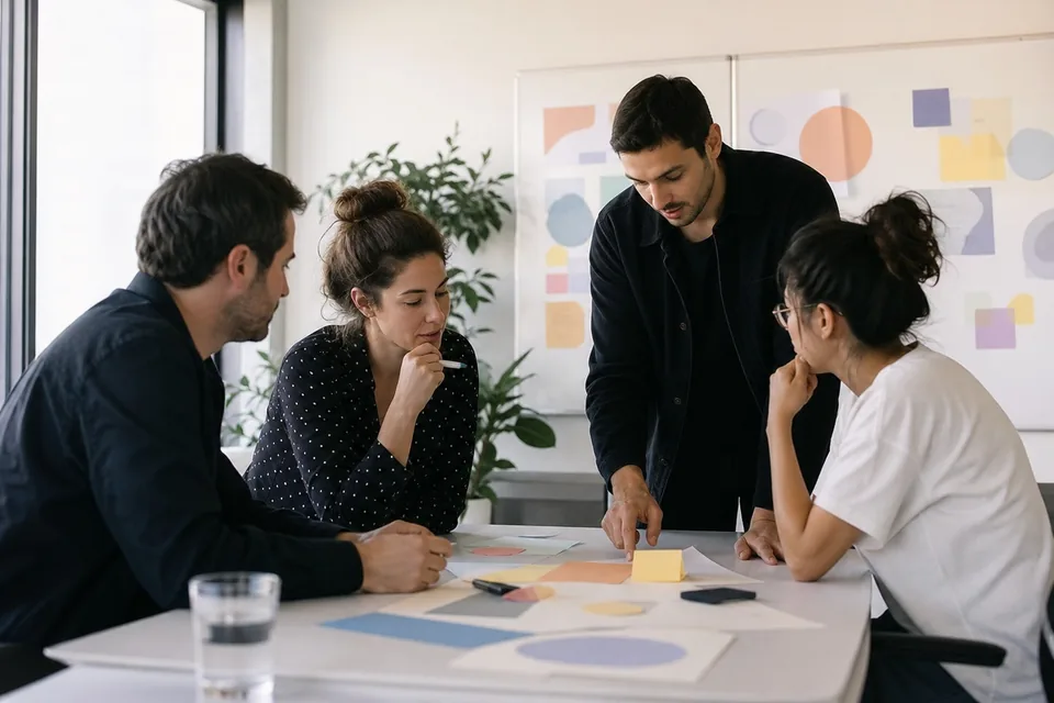 Product team planning a moderation workflow around a table with sticky notes