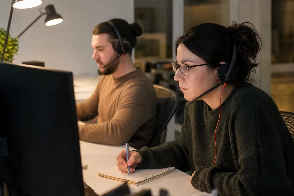 Two moderators on an evening shift working a review queue